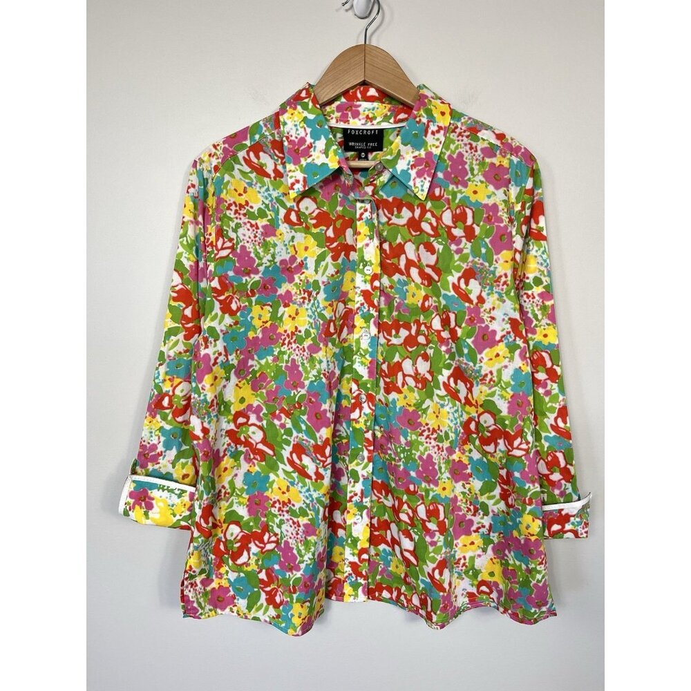 Foxcroft Women Blouse 16 Pink Floral Button Down 100% Cotton Shaped Fit No Iron
